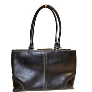 Ann Taylor Black Leather Shoulder Bag Contrast White Stitching Laptop Bag VTG